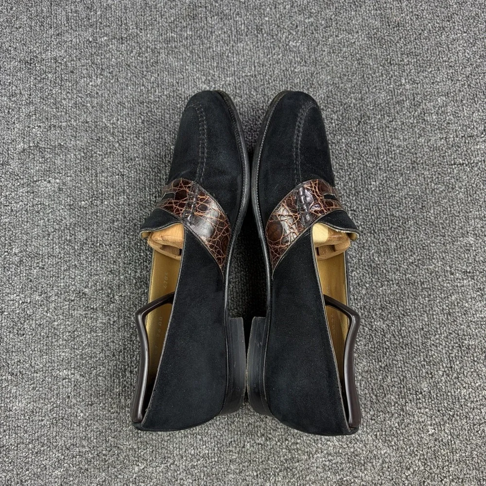 Moreschi Black Suede Penny Loafers Croc Style Strap Vibram Sole Italy Size 10